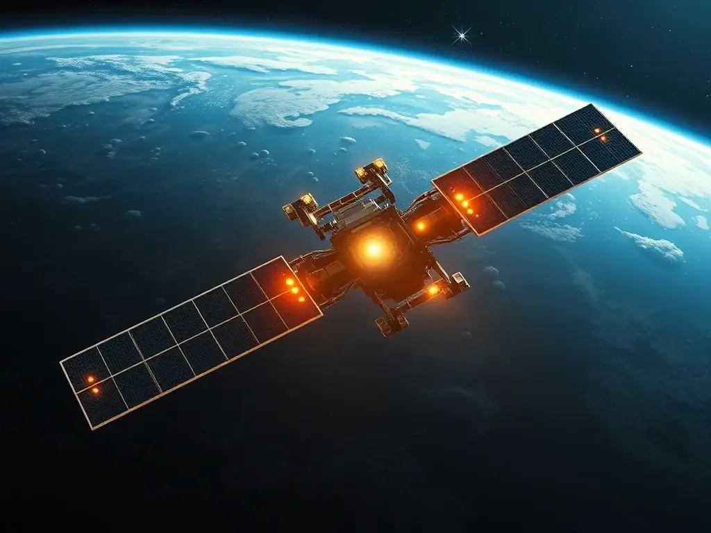 A digital rendering of a satellite equipped with advanced antenna arrays, orbiting the Earth. The satellite is depicted as part of a 6G Non-Terrestrial Network, providing seamless connectivity to remote areas and devices on the ground.