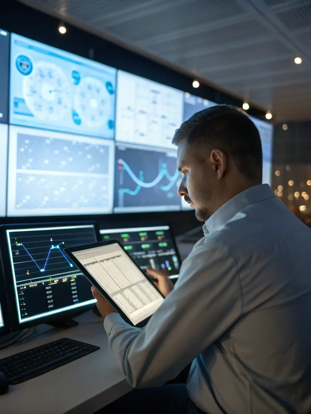 An image of a technician remotely monitoring data from BeamGrid SHM sensors on a tablet, showcasing the system's remote accessibility.