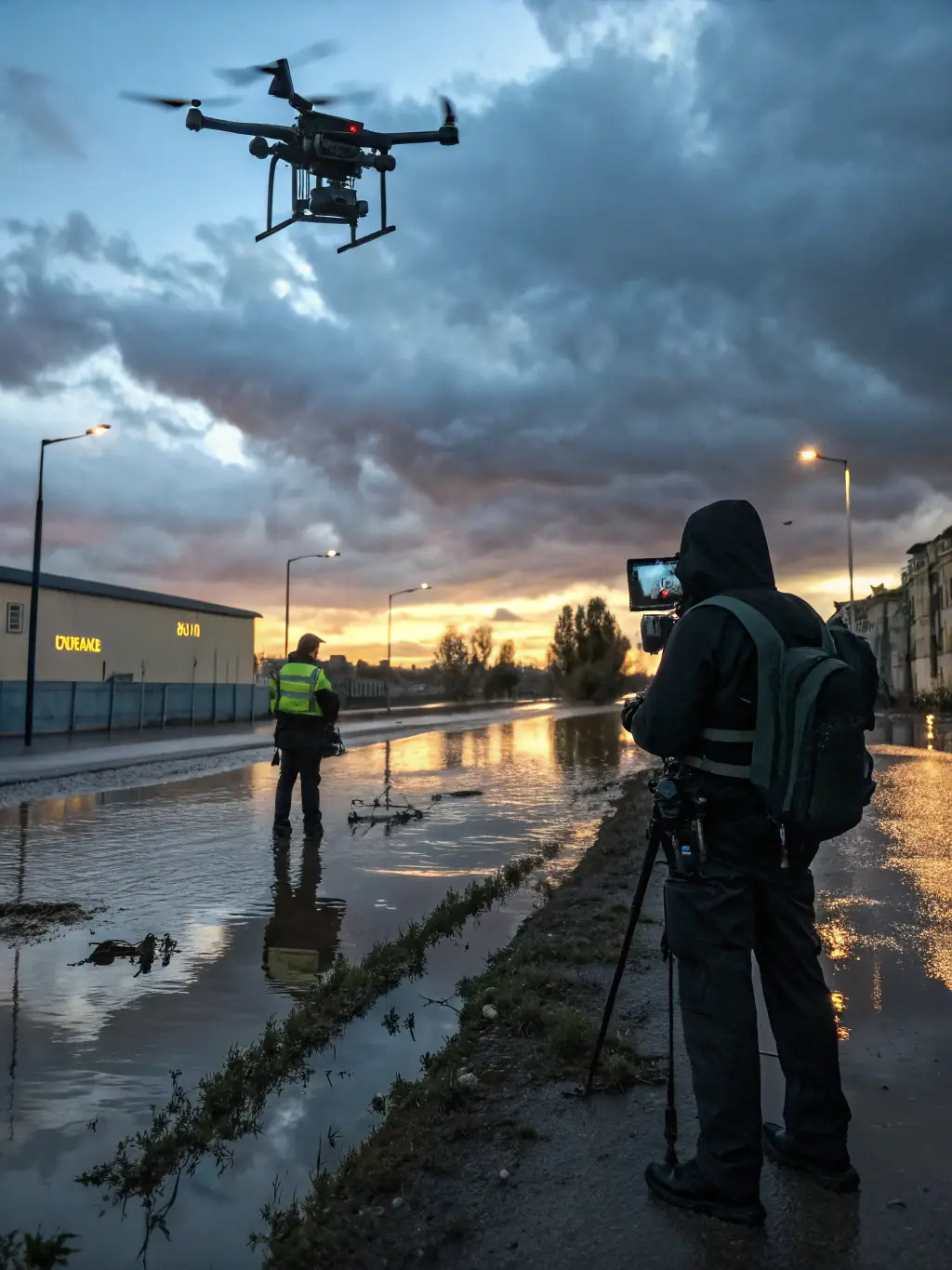 A drone equipped with BeamGrid's 5G/6G NTN technology providing real-time surveillance and data transmission during a disaster relief operation.