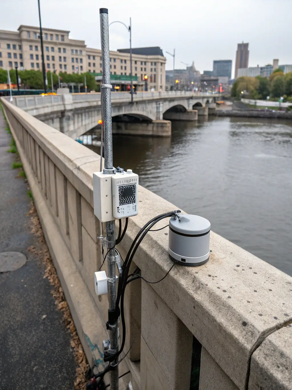 A close-up shot of a BeamGrid SHM sensor attached to a bridge support beam, highlighting its compact size and unobtrusive design.