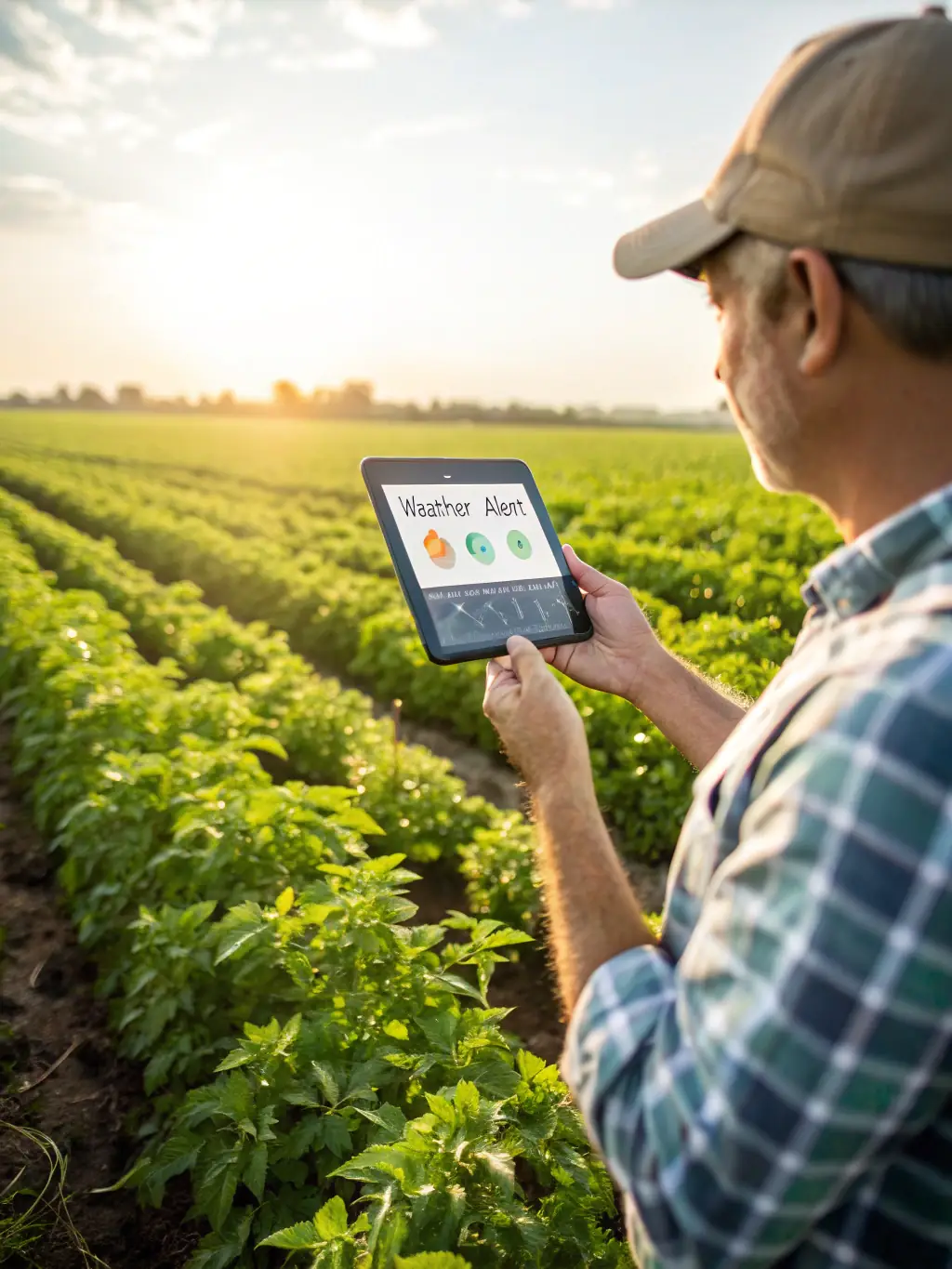 A farmer using a smart device connected via BeamGrid's 5G/6G NTN to monitor crop health and manage irrigation in a remote agricultural area.