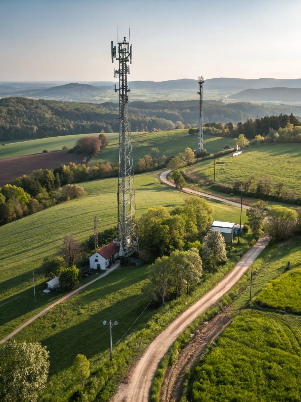 A satellite in low Earth orbit providing 5G/6G connectivity to a remote village, showcasing BeamGrid's NTN technology in action.