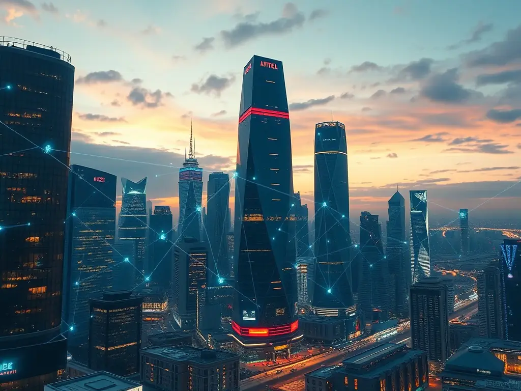 A futuristic cityscape with seamless connectivity, showcasing satellite and aerial platforms providing high-speed wireless coverage. The image should convey the global reach and advanced technology of NTN.