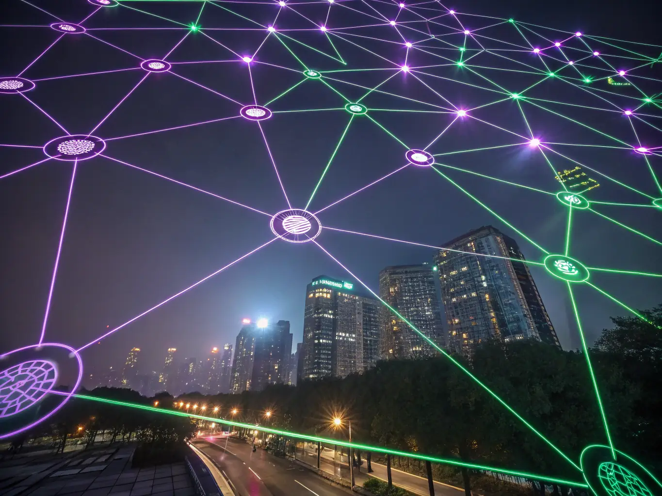 An abstract image representing the convergence of space technology and wireless communication, featuring interconnected nodes and beams of light against a backdrop of stars and the Earth.