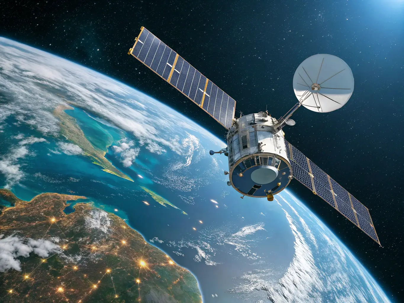 A high-angle shot of a satellite orbiting Earth, with solar panels deployed, capturing sunlight and transmitting energy wirelessly to a receiving station on the ground. The image should convey innovation and sustainability.