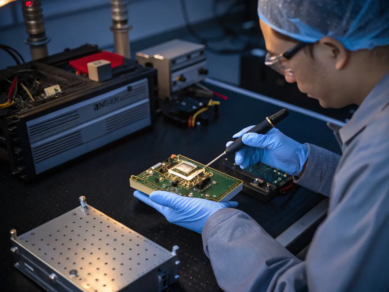 An image illustrating BeamGrid's RF systems expertise, showing a complex RF circuit board with various components and testing equipment in the background.
