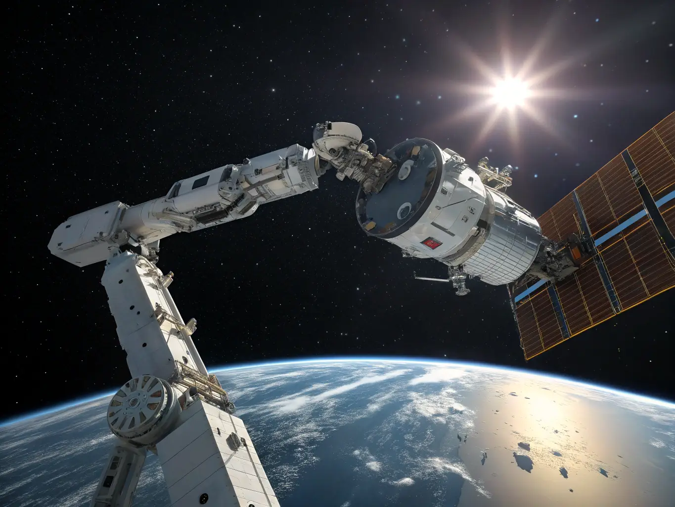 A digital illustration depicting a satellite in space collecting solar energy with large, reflective panels, and wirelessly transmitting the energy to a receiving station on Earth. The Earth is visible in the background, partially illuminated by the sun.